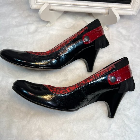 CHANII B Black Leather w Red Leopard Ruffle & Trim w Red Trim on Heels-38 - Picture 4 of 16